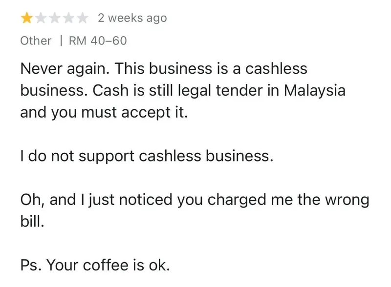 Kafe mendapat ulasan bintang 1 karena hanya menerapkan sistem bayar non tunai.