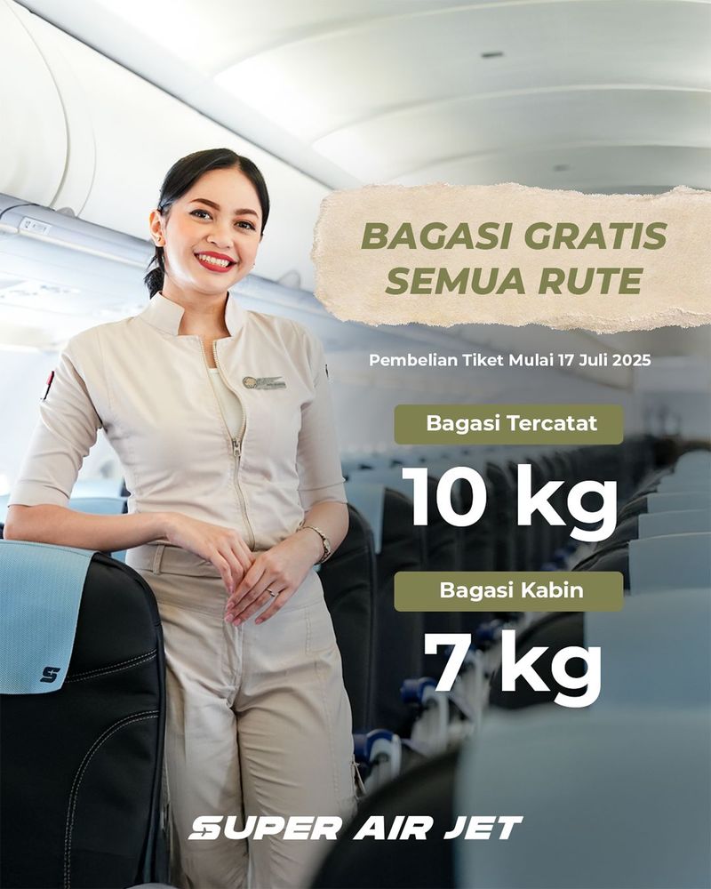 Mengikuti saudaranya, Lion Air, maskapai Super Air Jet juga melakukan perubahan aturan bagasi tercatat atau Free Baggage Allowance (FBA) yang berlaku mulai 17 Juli 2025.
