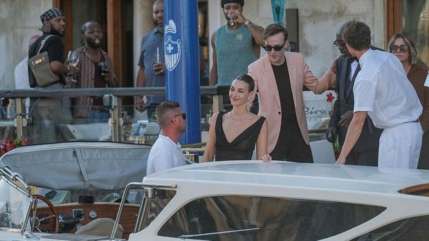 VENICE, ITALY - JUNE 27: Vittoria Ceretti is seen arriving to the wedding of Jeff Bezos and Lauren Sanchez on June 27, 2025 in Venice, Italy. (Photo by Stefano Mazzola/GC Images)