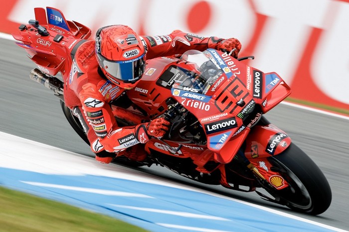 Ducati Lenovoi Teams Spanish MotoGP rider Marc Marquez takes a corner during a free practice ahead 2024 Netherlands MotoGP Grand Prix at the TT Circuit Assen, in Assen on June 27, 2025. (Photo by Vincent Jannink / ANP / AFP) / Netherlands OUT