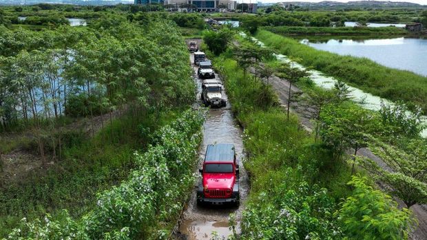 Deretan Jeep saat Melintasi Jalur Wisata Off-Road di Kawasan Hutan Cemara Pakal Kota Surabaya