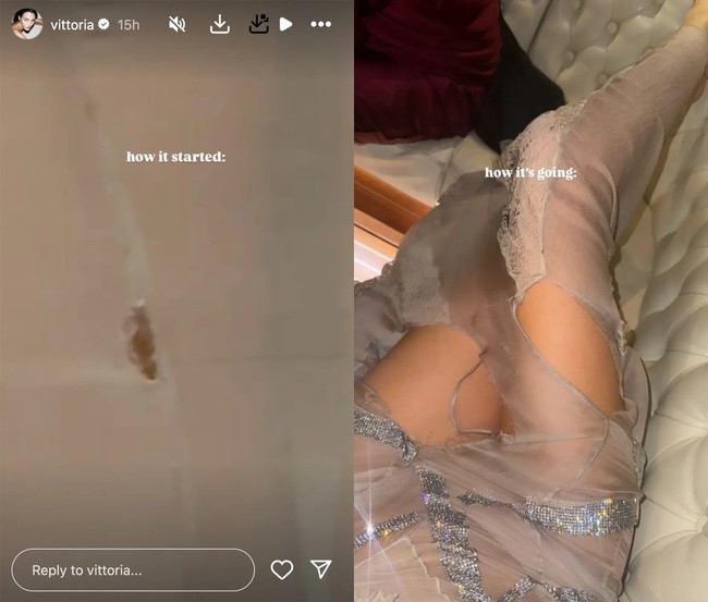 Melalui unggahan di Instagram Story, Victoria memamerkan kondisi gaunnya usai datang ke after party pernikahan Jeff Bezos dan Lauren Sanchez. Awalnya gaun Vittoria hanya sobek kecil. Namun setelahnya, robekan jauh lebih besar terjadi pada gaunnya. Robekan itu membuat paha dan kakinya terekspos. Foto: Dok. Instagram Vittoria Ceretti