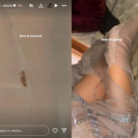 Melalui unggahan di Instagram Story, Victoria memamerkan kondisi gaunnya usai datang ke after party pernikahan Jeff Bezos dan Lauren Sanchez. Awalnya gaun Vittoria hanya sobek kecil. Namun setelahnya, robekan jauh lebih besar terjadi pada gaunnya. Robekan itu membuat paha dan kakinya terekspos. Foto: Dok. Instagram Vittoria Ceretti