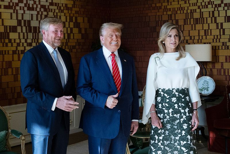 THE HAGUE, NETHERLANDS - JUNE 25: U.S. President Donald Trump poses with King Willem-Alexander of the Netherlands and Queen Maxima at Paleis Huis ten Bosch on the sidelines of the NATO Summit on June 25, 2025 in The Hague, Netherlands. This year's NATO summit, which brings together heads of state and government from across the military alliance, is being held in the Netherlands for the first time. Among other matters, members are to approve a new defense investment plan that raises target for defense spending to 5% of GDP. (Photo by Brendan Smialowski - Pool/Getty Images)