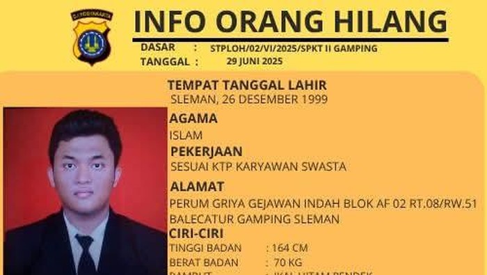Informasi orang hilang atas nama Miftah Thoha warga Gamping, Sleman.