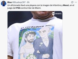 Seorang penggemar bahkan kedapatan memakai kaos bergambar meme Messi menikah dengan presiden FIFA, Gianni Infantino. Ada-ada saja! (Foto: Dok. Twitter/@BlueboyCR7)