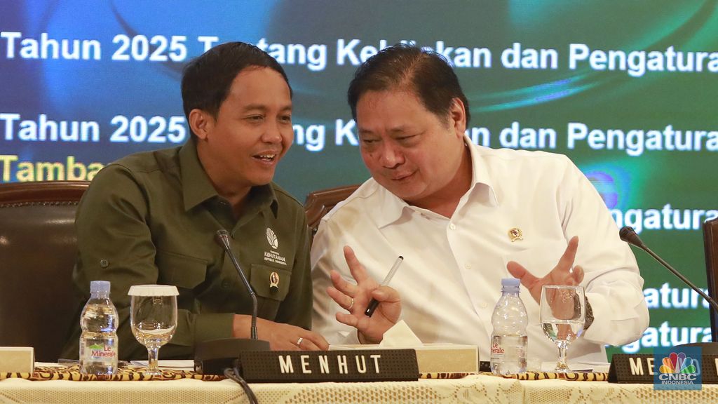 Menteri Kehutanan (Menhut) RI, Raja Juli dan Menteri Koordinator (Menko) Bidang Perekonomian, Airlangga Hartarto dalam konferensi pers bersama terkait deregulasi kebijakan impor dan deregulasi kemudahan berusaha di Kementrian Perdagangan, Jakarta, Senin (30/6/2025). (CNBC Indonesia/Muhammad Sabki)