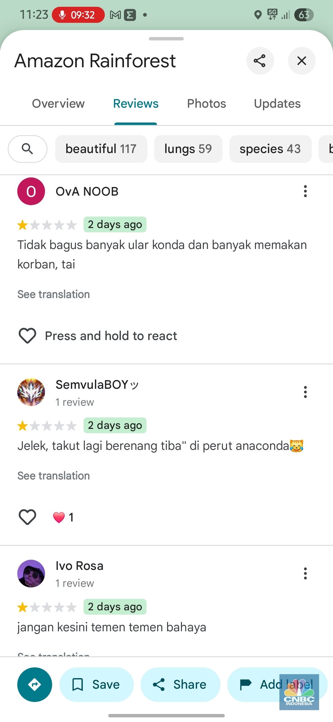Netizen Indonesia 'menyerbu' Brasil dengan memberi rating bintang 1 di salah satu ikon negara tersebut, Hutan Amazon. (CNBC Indonesia/Intan)