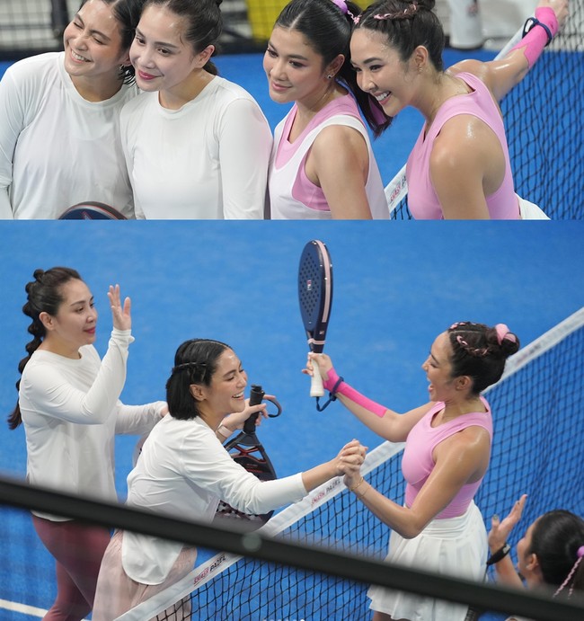 Gisel dan Naysilla bertanding melawan Nagita Slavina dan adiknya, Caca Tengker. Berbeda dengan Gisel dan Naysilla yang memilih warna pink, Nagita dan Caca kompak dengan busana sporty berwarna putih. Foto: Instagram/@gisel_la