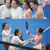 Gisel dan Naysilla bertanding melawan Nagita Slavina dan adiknya, Caca Tengker. Berbeda dengan Gisel dan Naysilla yang memilih warna pink, Nagita dan Caca kompak dengan busana sporty berwarna putih. Foto: Instagram/@gisel_la