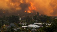 Asap tebal membumbung tinggi ke langit saat kobaran api melahap kawasan hutan di wilayah barat Turki. Tayangan televisi memperlihatkan pesawat dan helikopter pemadam udara dikerahkan dari udara untuk menahan laju api. Mehmet Emin Menguarslan/Anadolu via Getty Images