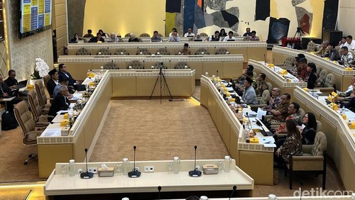 Menteri ATR/BPN Nusron Wahid dalam rapat kerja bersama Komisi II DPR RI, di Kompleks Parlemen, Senayan. Nusron menduga isu jual beli pulau di Kepri dan NTB berkaitan dengan geopolitik. (Anggi M/detikcom)