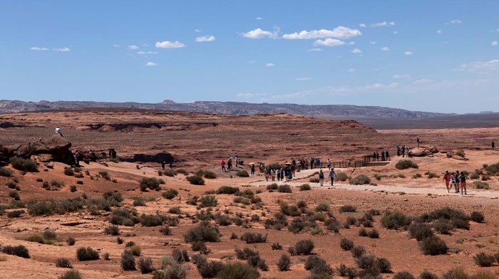 Mijung Cha, 49, and her daughter, Hyen Han, 12, standing behind Cha's son, Taein Han, 10, and her husband Gibaeg Han, 61, of Seoul, South Korea, listen as National Park Seasonal Interpretation Ranger Jessica Borders, 24, leads a fossil walk program on the south rim of the Grand Canyon National Park in Grand Canyon Village, Arizona, U.S. June 29, 2025. REUTERS/Kaylee Greenlee