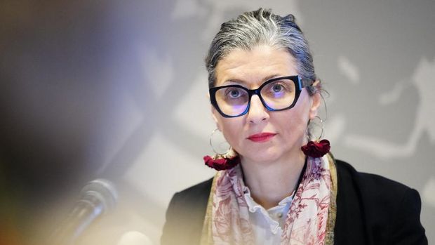 Pelapor Khusus PBB untuk wilayah Palestina yang diduduki Francesca Albanese mengadakan konferensi pers di Kota PBB di Kopenhagen, Denmark pada tanggal 5 Februari 2025. (Photo by Ida Marie Odgaard / Ritzau Scanpix / AFP) / Denmark OUT