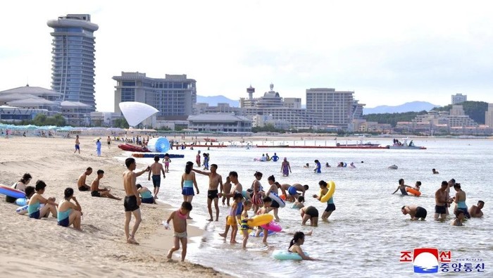 This photo provided on July 2, 2025, by the North Korean government, shows a beach resort in the Wonsan-Kalma eastern coastal tourist zone on July 1, 2025. (Korean Central News Agency/Korea News Service via AP)