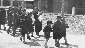 Foto ini memperlihatkan sekelompok perempuan dan anak-anak Yahudi yang sedang berjalan menuju kamar gas. Mereka mengenakan pakaian biasa dan sebagian terlihat mengenakan bintang Daud berwarna kuning, simbol yang digunakan oleh rezim Nazi untuk menandai warga Yahudi. Gambar ini sebagai bukti kekejaman Holocaust, di mana sekitar 6 juta orang Yahudi dibunuh secara sistematis. Auschwitz adalah salah satu tempat pemusnahan terbesar, dengan lebih dari 1 juta korban tewas di sana saja. Foto: Boredpanda