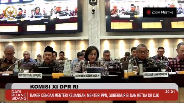 Komisi XI DPR RI Rapat Kerja dengan Menteri Keuangan, Menteri PPN/Kepala Bappenas, Gubernur Bank Indonesia, dan Ketua DK OJK. Dengan acara Pembahasan Asumsi Dasar Ekonomi Makro APBN Tahun 2026. Kamis (3/7/2025). (Tangkapan layar TV Parlemen)