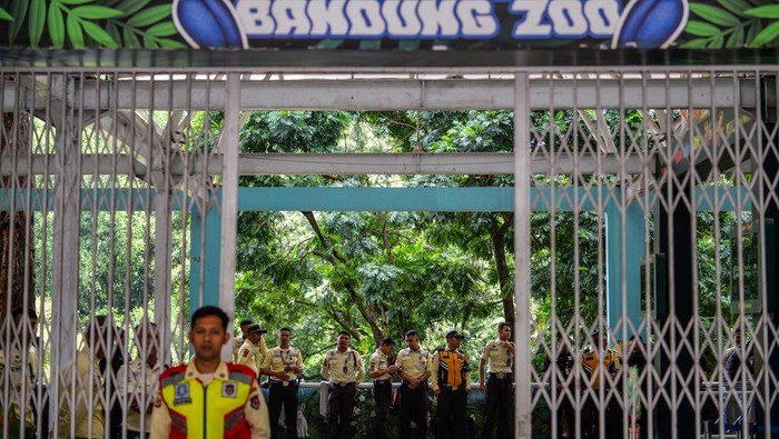 Konflik Memanas, Kebun Binatang Bandung Tutup Sementara Petugas berjaga di depan loket pembelian tiket yang ditutup di Kebun Binatang Bandung, Jawa Barat, Kamis (3/7/2025). Akibat adanya dualisme kepengelolaan, manajemen Bandung Zoo menutup operasional kebun binatang untuk sementara hingga waktu yang belum ditentukan. ANTARA FOTO/Raisan Al Farisi