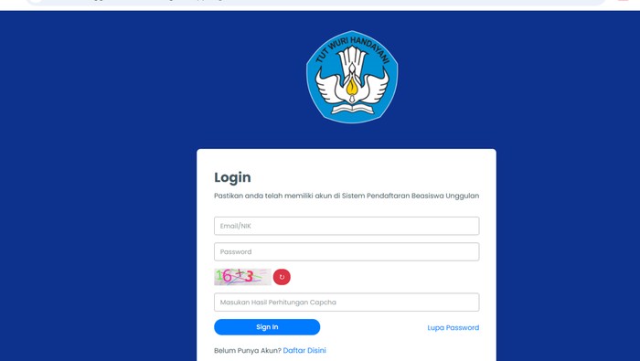 Laman pendaftaran Beasiswa Unggulan 2025. (dok. https://beasiswaunggulan.kemdikbud.go.id/app/login)