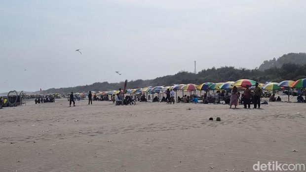 Suasana stand persewaan payung dan minuman kelapa muda di Pantai Parangtritis, Bantul, Sabtu (5/7/2025).