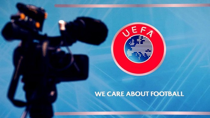 A television camera set up in front of a UEFA logo ahead of the Euro 2028 and Euro 2032 hosts announcement ceremony at the UEFA Headquarters in Nyon, Switzerland. Picture date: Tuesday October 10, 2023. (Photo by Mike Egerton/PA Images via Getty Images)