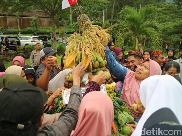 Rebutan gunungan di acara Rahtawu Culture Festival, Desa Rahtawu Kecamatan Gebog, Kudus, Minggu (6/7/2025).