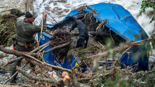 Seekor anjing pelacak memeriksa tempat sampah di Camp Mystic setelah banjir mematikan di Kerr County, Texas, AS, 5 Juli 2025. (REUTERS/Sergio Flores)