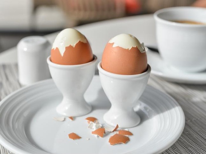 Cheerful brunette eating egg in her living room