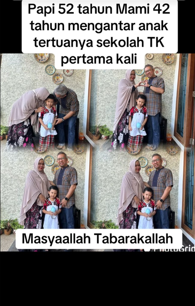 Momen pertama kali mengantar anak ke sekolah TK menjadi pengalaman tak terlupakan bagi sebagian orang tua. Seperti pasangan orang tua yang berusia 52 tahun dan 42 tahun ini, dengan penuh cinta mengantar anak tertuanya menjalani hari pertama di taman kanak-kanak (TK). Foto: Dok. TikTok @mamikiaypuansunan.