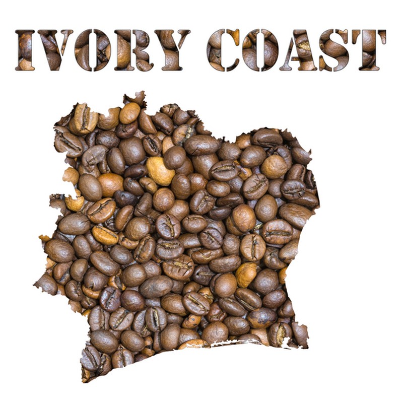 Roasted brown coffee beans background with the shape of the word Ivory Coast and the country geographical map outline. Image isolated on a white background.