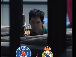 Meme Barca, sebagai penonton dari jauh, dengan intens memandangi laga PSG vs Real Madrid di semifinal Piala Dunia Antarklub 2025. Foto: dok. Internet/X (Twitter)
