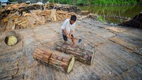 Pekerja membelah batang sagu yang sudah direndam. Batang pohon sagu tersebut diolah sebagai makanan pokok masyarakat Mentawai. Foto: ANTARA FOTO/Iggoy el Fitra 