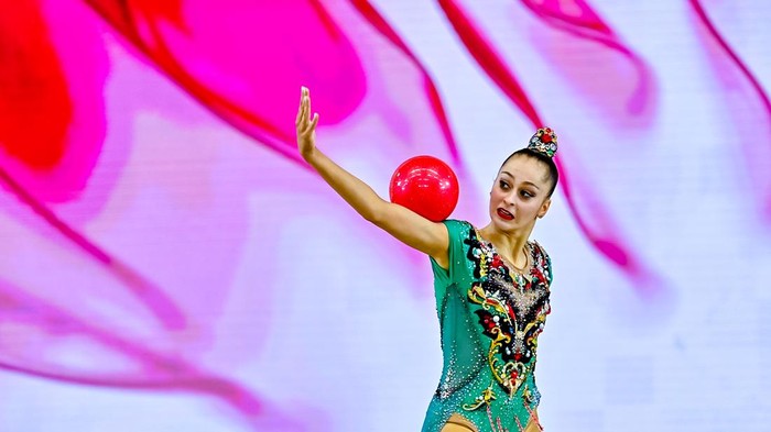 Silva Sargsyan of Armenia competes in the Ball final of the International Rhythmic Gymnastics Tournament Sky Grace 2024 at Aspire Zone Foundation in Doha, Qatar, on November 22, 2024. (Photo by Noushad Thekkayil/NurPhoto via Getty Images)