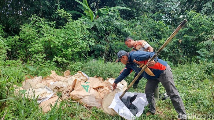Relawan dan warga temukan puluhan karung berisi bangkai ayam di Kolmas, Lembang, Selasa (8/7/2025).