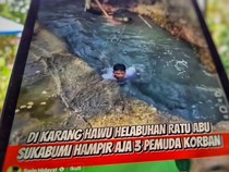 Viral Aksi Berbahaya 3 Pemuda di Cekungan Karang Hawu Sukabumi