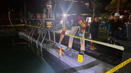 Olah TKP bocah 10 tahun tenggelam di Batur Natural Hot Spring (BNHS), Banjar Tirta Husada, Toya Bungkah, Desa Batur Selatan, Kecamatan Kintamani, Bangli, Minggu (6/7/2025). (Dok. Polsek Kintamani)