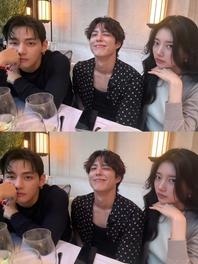 Momen makan bersama itu dihadiri sejumlah rekan global ambassador CELINE termasuk Park Bo Gum. Namun, pandangan penggemar tak lepas dari interaksi V BTS dan Bae Suzy. Banyak yang menjodohkannya sebagai shipper. Foto: dok. Instagram @thv