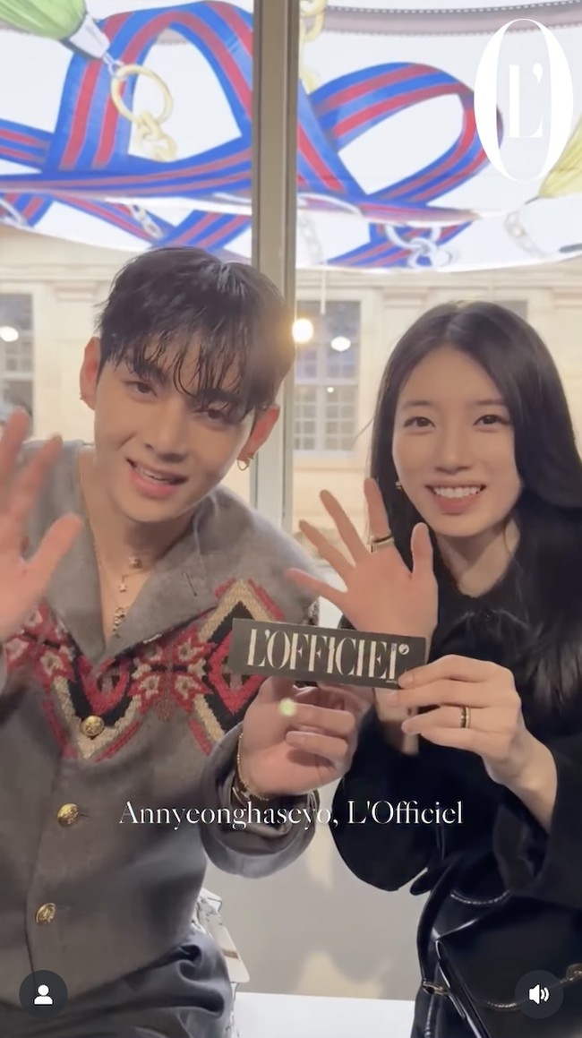 “Annyeonghaseyo, L’Officiel,” ujar V BTS dan Suzy saat membuat video greetings untuk reels akun Instagram @lofficielph. Di balik layar, personel grup KPop BTS terdengar memuji Bae Suzy secara terang-terangan, “Kamu cantik.” Foto: dok. Instagram @lofficielph