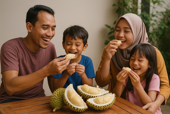 Ilustrasi keluarga makan durian.