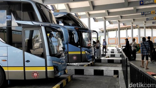 Sejumlah bus AKAP di Terminal Mengwi, Badung, yang siap berangkat menuju berbagai kota di Jawa, Rabu (9/7/2025). (Agus Eka)