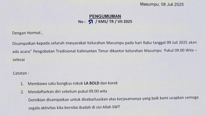 Surat pengumuman Kelurahan Masumpu soal pengobatan tradisional gratis di Bone.