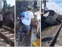 Truk Box Ringsek Tertemper KA Babaranjang di Lampung, Sopir Patah Kaki