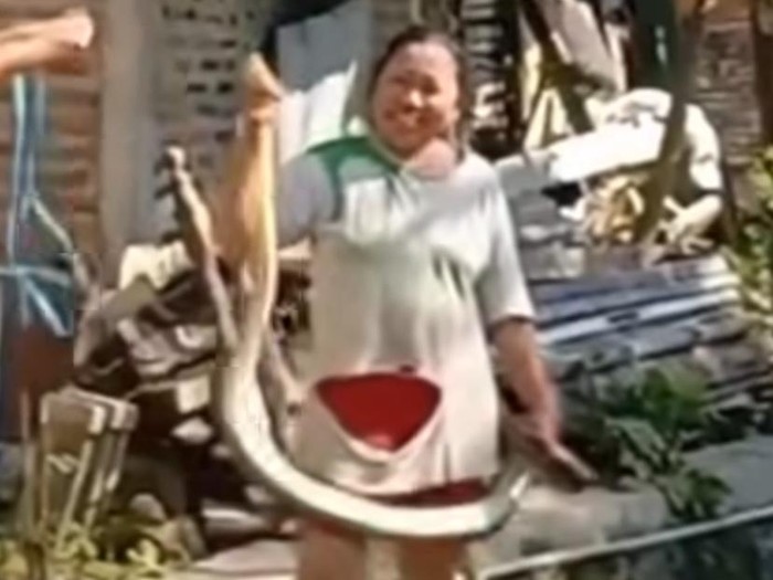 Tangkapan layar video viral Bu Lis menangkap ular di tepi sungai di Tambangan, Kecamatan Mijen, Kota Semarang, Rabu (9/7/2025).