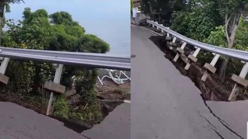 Video ruas Jalan Raya Singaraja-Amlapura yang jebol viral di media sosial (medsos). (Tangkapan layar)