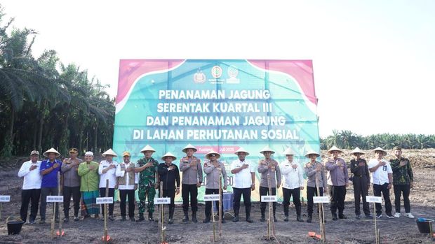 Wakapolda Riau Brigjen Jossy Kusumo memimpin penanaman bibit jagung di Kabupaten Siak, Rabu (9/7/2025).