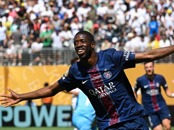 EAST RUTHERFORD, NEW JERSEY - JULY 09: Ousmane Dembele #10 of Paris Saint-Germain celebrates after scoring his teams second goal during the first half of the FIFA Club World Cup 2025 semi-final match between Paris Saint-Germain and Real Madrid CF at MetLife Stadium on July 09, 2025 in East Rutherford, New Jersey. (Photo by Howard Smith/ISI Photos/ISI Photos via Getty Images)