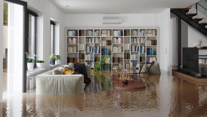 Flooded Living Room With Open Balcony Door And Damaged Furnitures Floating On Water