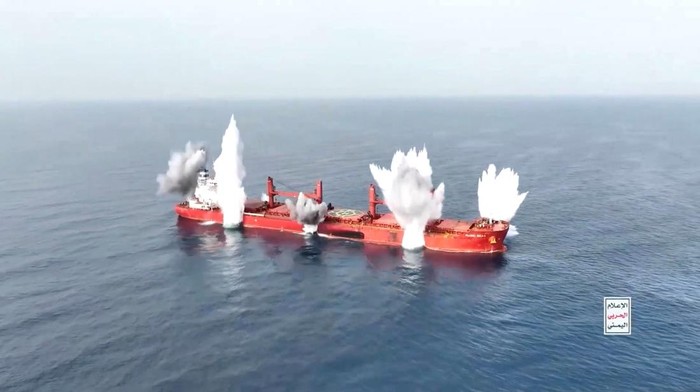 Plumes of smoke rise from what is said to be Liberia-flagged, Greek-operated bulk carrier, the MV Magic Seas that was, according to Yemen?s Houthis, attacked following an alleged exchange with the captain, off southwest Yemen, in this screen grab taken from a handout video released on July 8, 2025. HOUTHI MEDIA CENTER/Handout via REUTERS    THIS IMAGE HAS BEEN SUPPLIED BY A THIRD PARTY