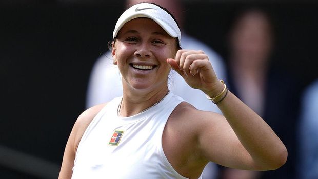 Amanda Anisimova celebrates victory over Aryna Sabalenka following their Ladies' Singles match on day eleven of the 2025 Wimbledon Championships at the All England Lawn Tennis and Croquet Club, London. Picture date: Thursday July 10, 2025. (Photo by Jordan Pettitt/PA Images via Getty Images)