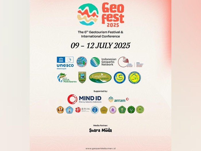 Poster acara Geofest and Internasional Conference 2025 di Kebumen, Jawa Tengah, 9-12 Juli 2025.